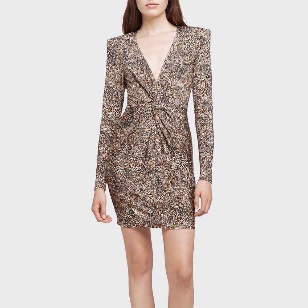 L'AGENCE MARIAH LEOPARD ANIMAL PRINT 80'S STYLE TWIST FRONT SHEATH MINI DRESS